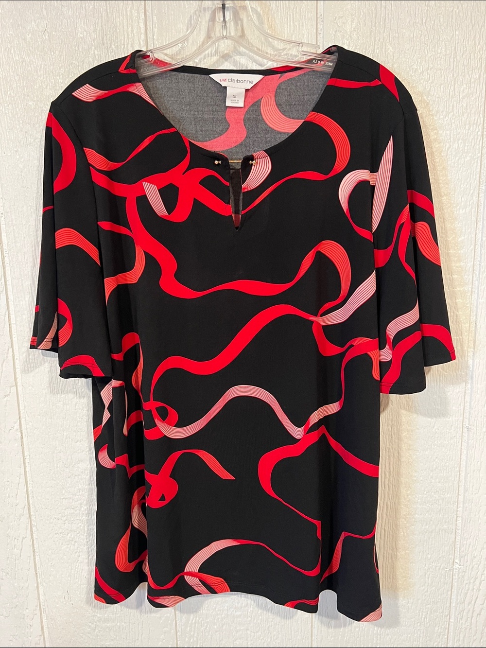 Liz Claiborne Black Top with Red and Pink Ribbon Print